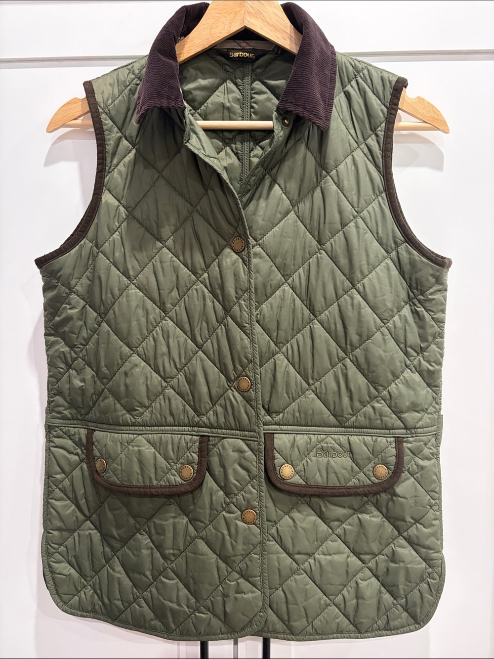 Barbour Olive Green Quilted Sleeveless Vest with Dark Trim